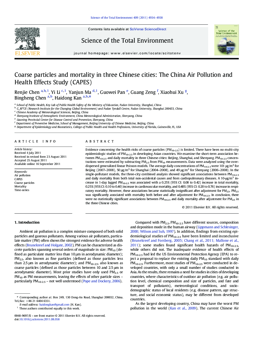 Coarse particles and mortality in three Chinese cities: The China Air Pollution and Health Effects Study (CAPES)