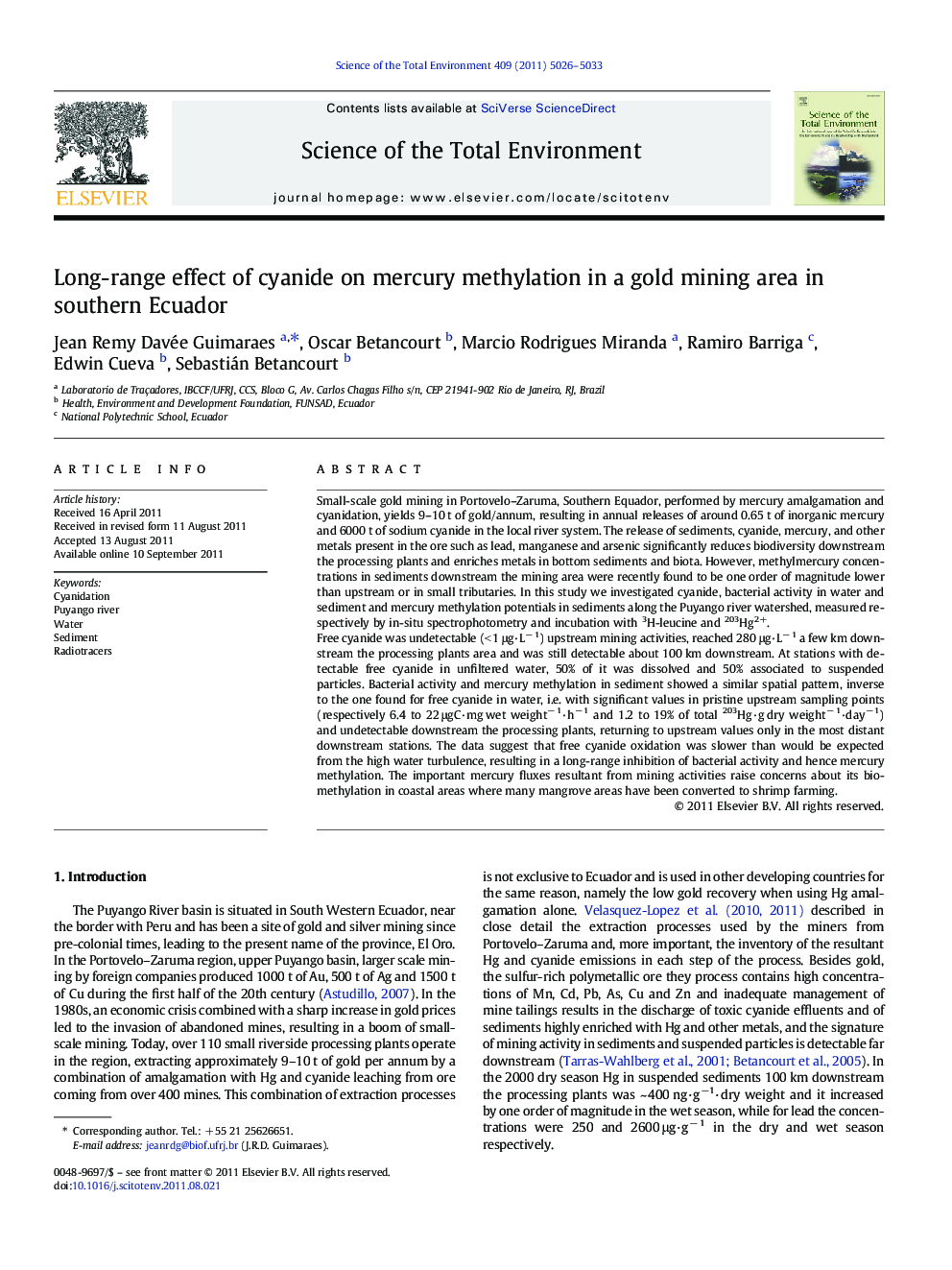 Long-range effect of cyanide on mercury methylation in a gold mining area in southern Ecuador