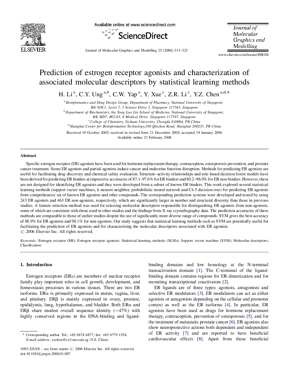 Prediction of estrogen receptor agonists and characterization of associated molecular descriptors by statistical learning methods