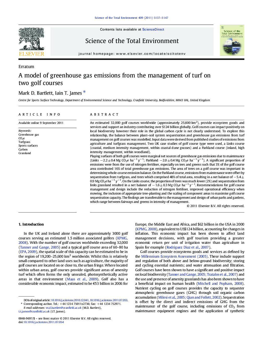 A model of greenhouse gas emissions from the management of turf on two golf courses