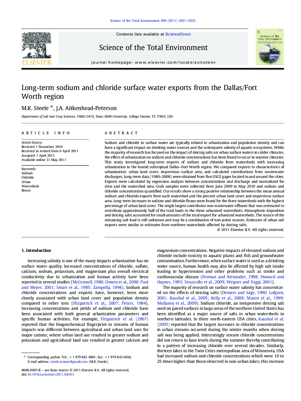 Long-term sodium and chloride surface water exports from the Dallas/Fort Worth region