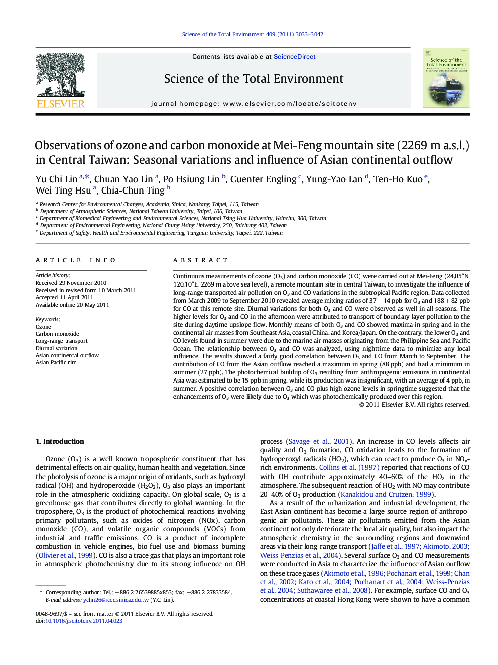 Observations of ozone and carbon monoxide at Mei-Feng mountain site (2269 m a.s.l.) in Central Taiwan: Seasonal variations and influence of Asian continental outflow