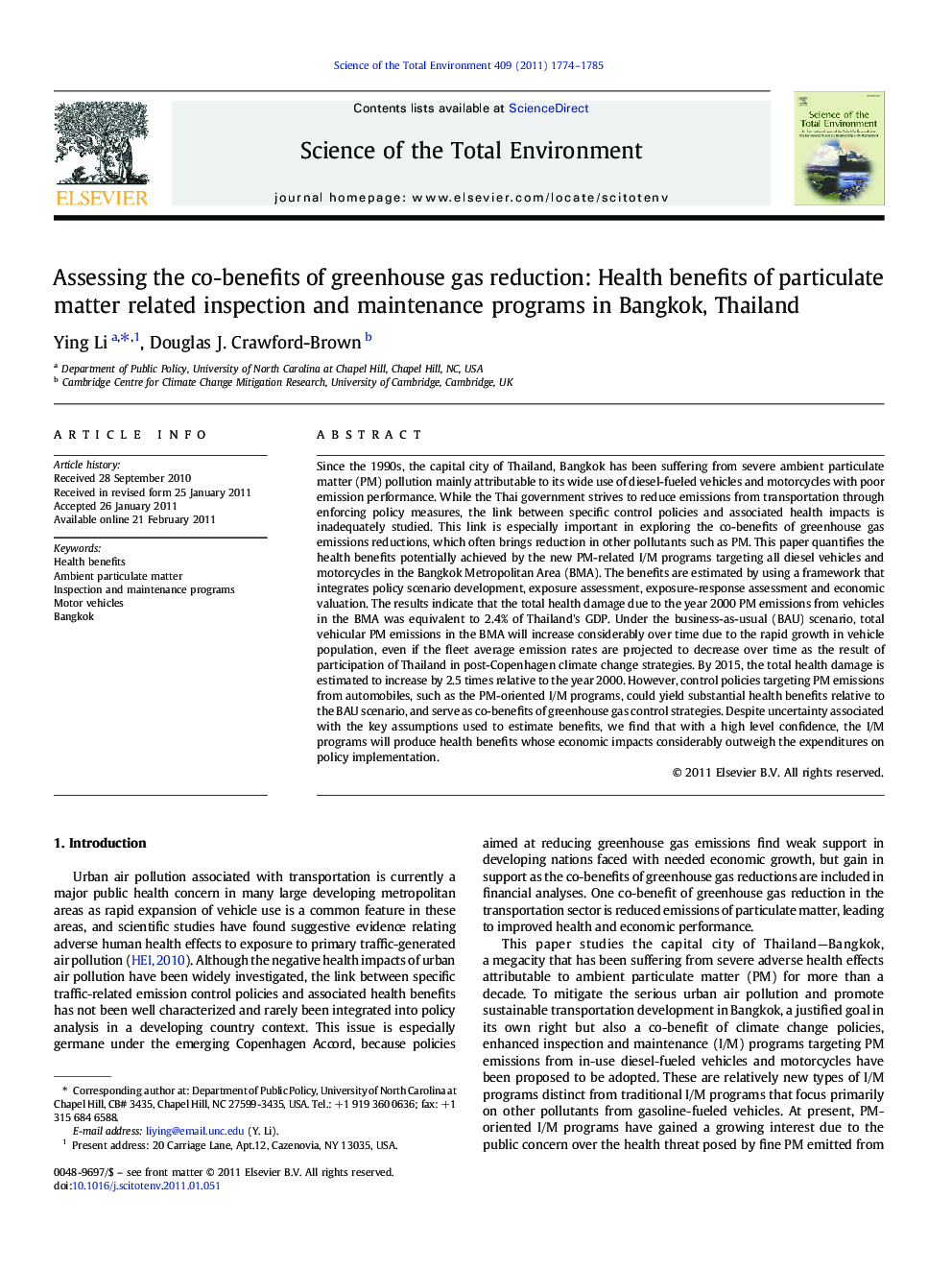 Assessing the co-benefits of greenhouse gas reduction: Health benefits of particulate matter related inspection and maintenance programs in Bangkok, Thailand