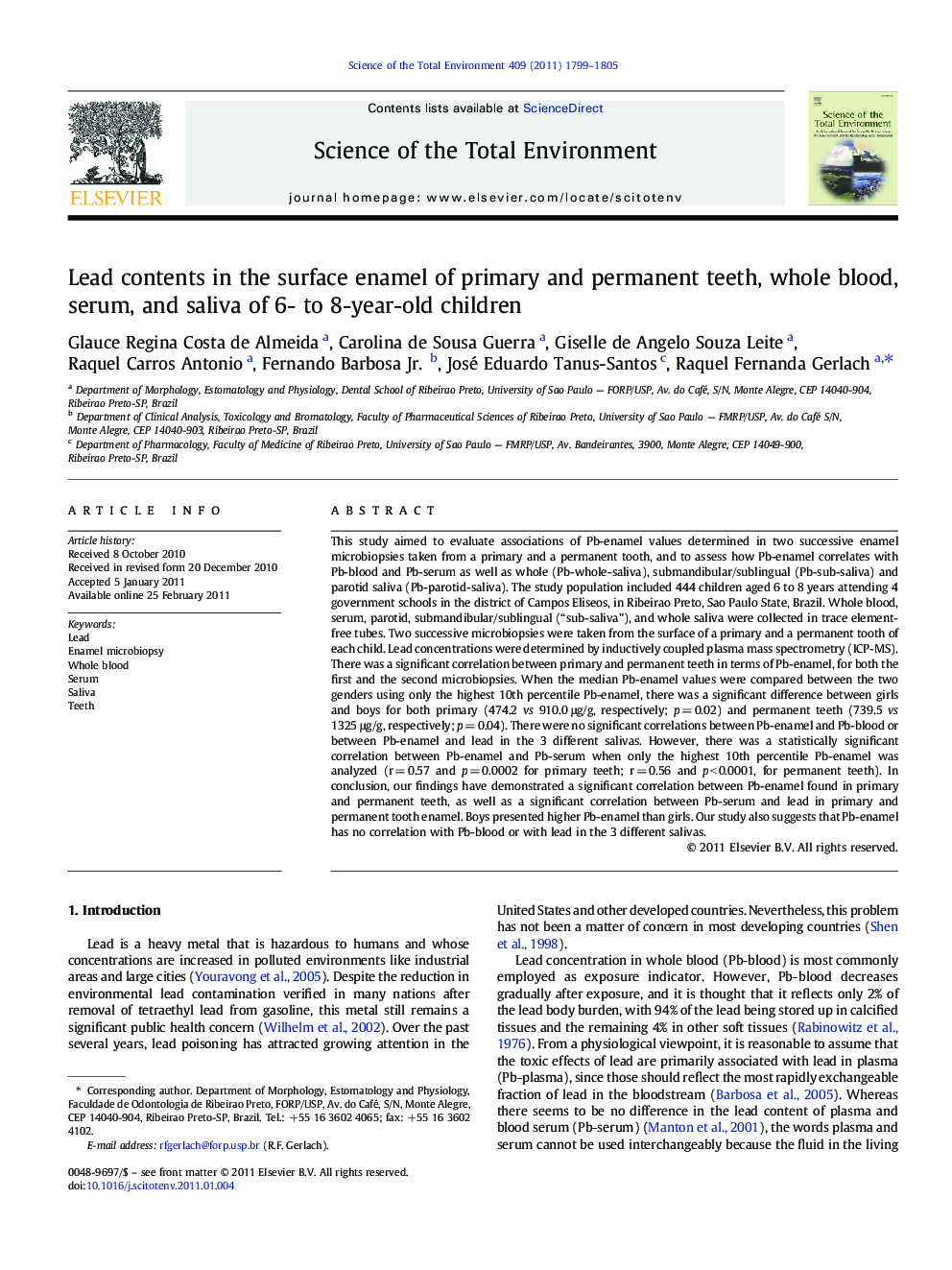 Lead contents in the surface enamel of primary and permanent teeth, whole blood, serum, and saliva of 6- to 8-year-old children