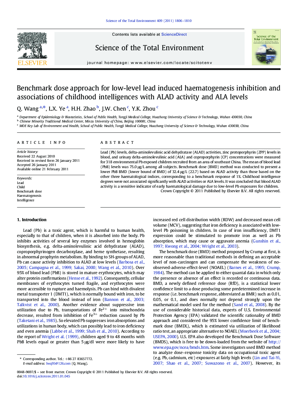 Benchmark dose approach for low-level lead induced haematogenesis inhibition and associations of childhood intelligences with ALAD activity and ALA levels