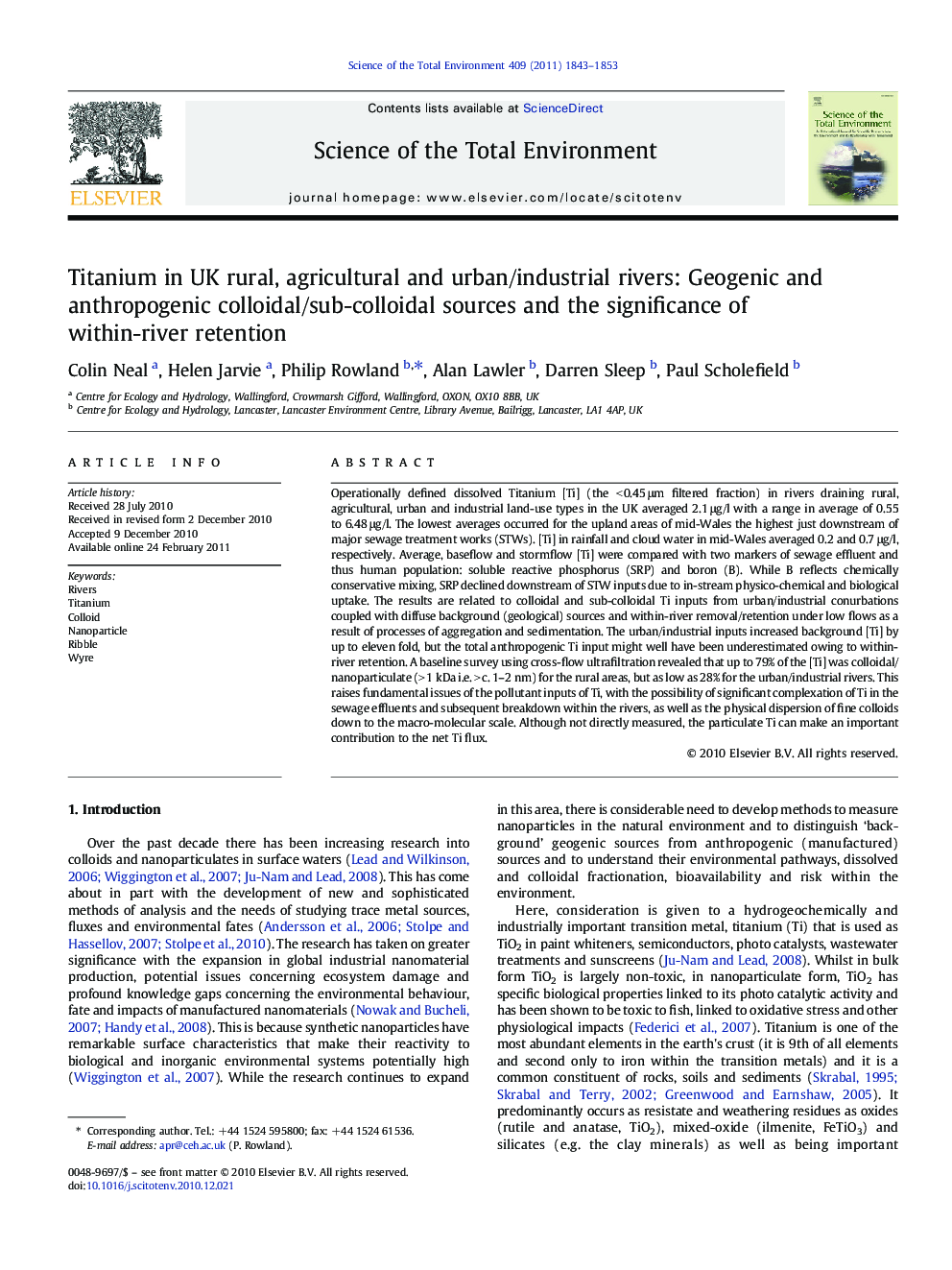 Titanium in UK rural, agricultural and urban/industrial rivers: Geogenic and anthropogenic colloidal/sub-colloidal sources and the significance of within-river retention