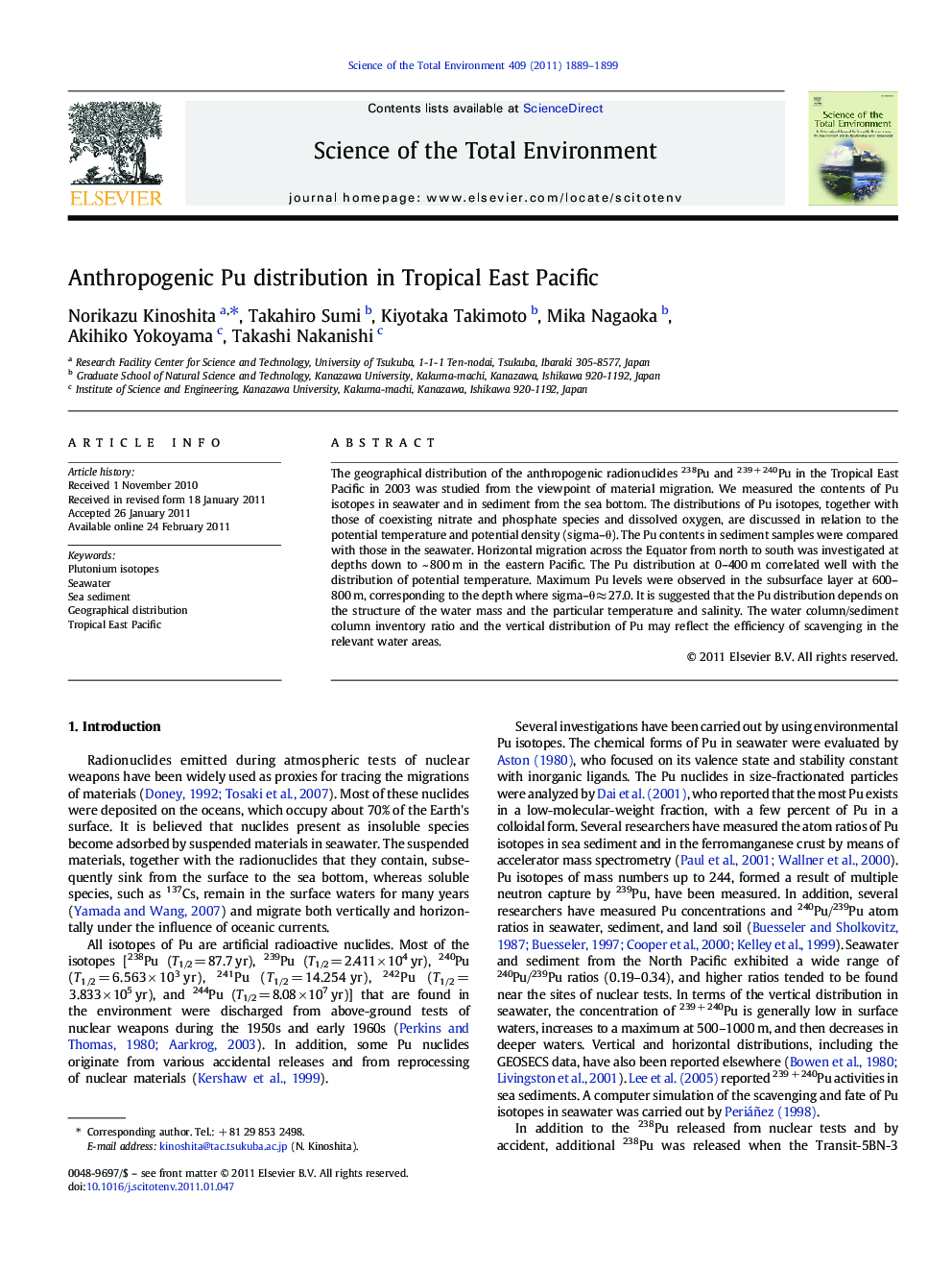 Anthropogenic Pu distribution in Tropical East Pacific