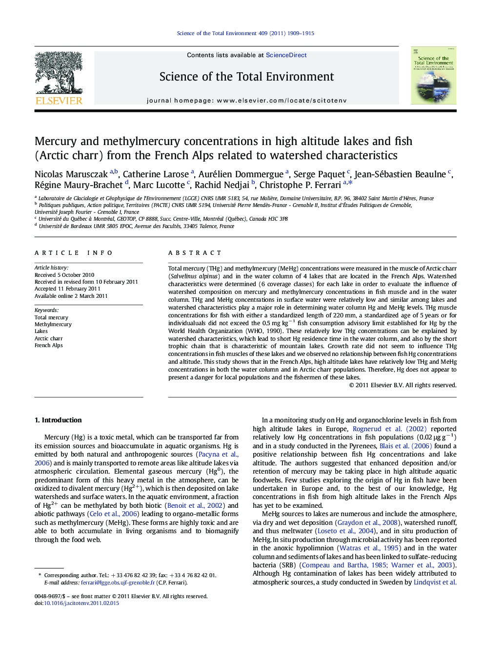 Mercury and methylmercury concentrations in high altitude lakes and fish (Arctic charr) from the French Alps related to watershed characteristics