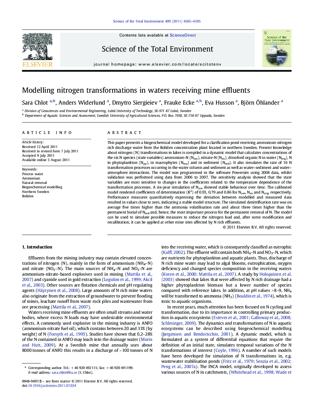 Modelling nitrogen transformations in waters receiving mine effluents