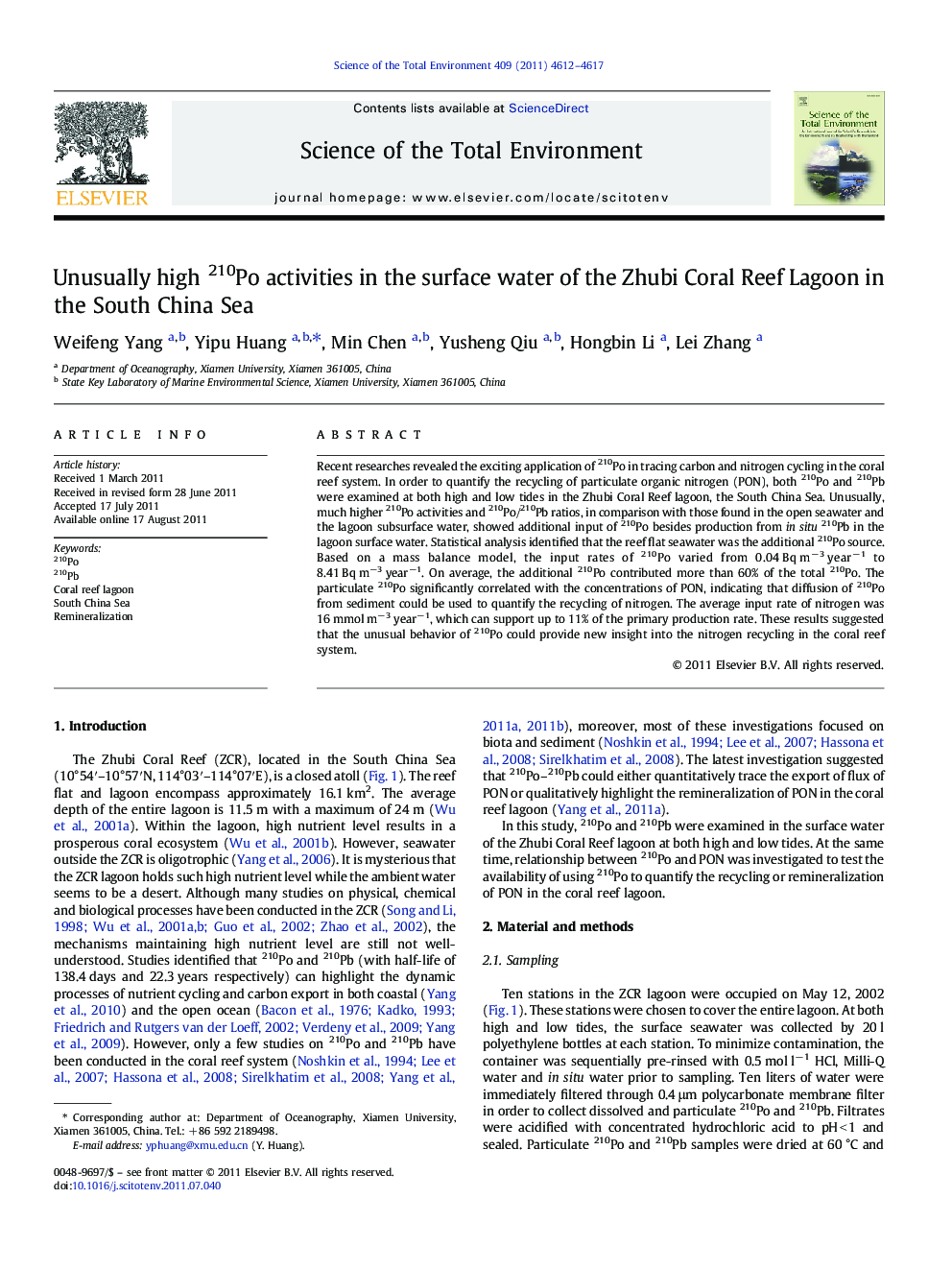 Unusually high 210Po activities in the surface water of the Zhubi Coral Reef Lagoon in the South China Sea