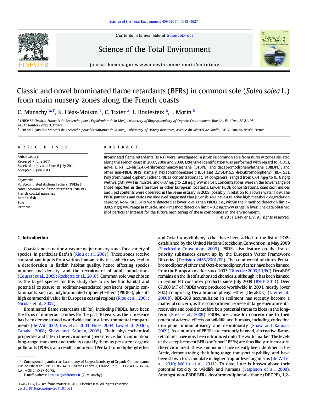 Classic and novel brominated flame retardants (BFRs) in common sole (Solea solea L.) from main nursery zones along the French coasts