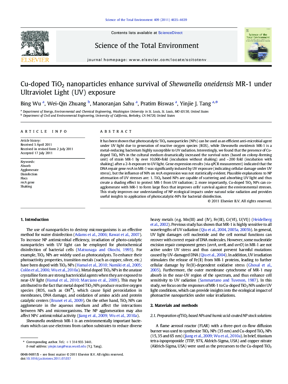 Cu-doped TiO2 nanoparticles enhance survival of Shewanella oneidensis MR-1 under Ultraviolet Light (UV) exposure