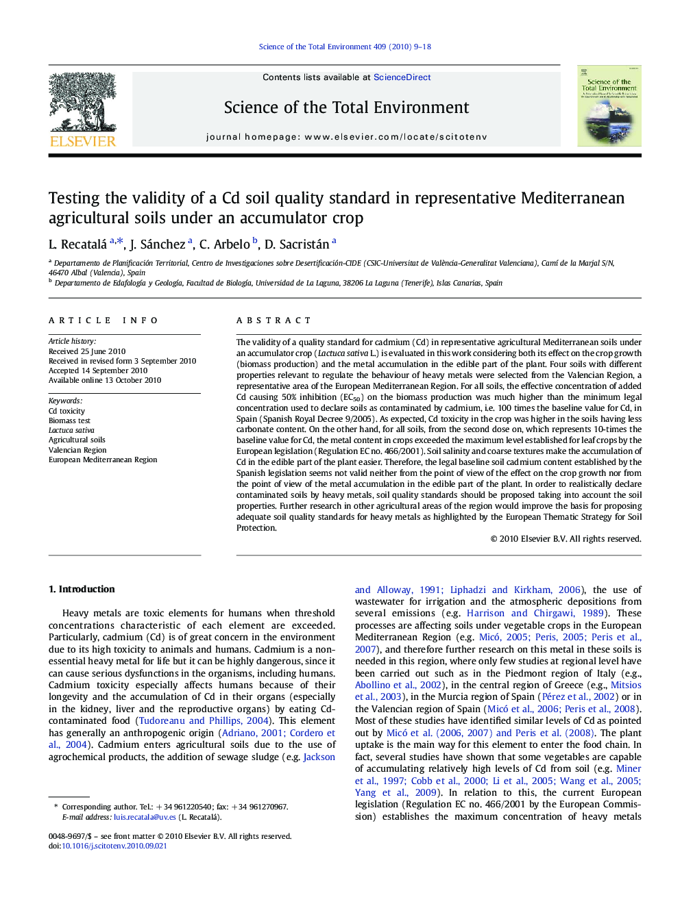 Testing the validity of a Cd soil quality standard in representative Mediterranean agricultural soils under an accumulator crop