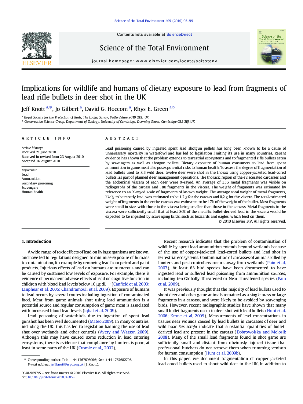 Implications for wildlife and humans of dietary exposure to lead from fragments of lead rifle bullets in deer shot in the UK