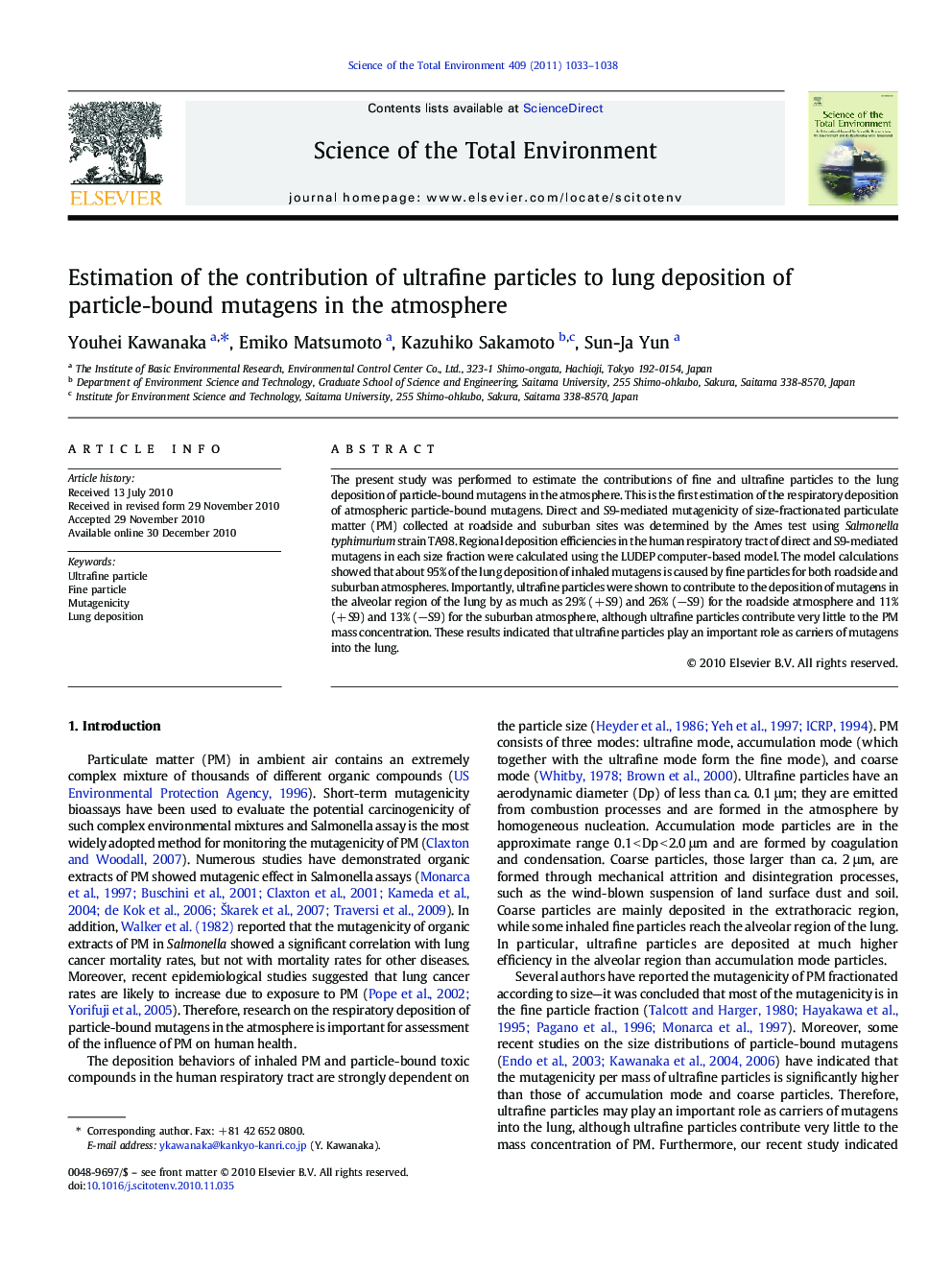 Estimation of the contribution of ultrafine particles to lung deposition of particle-bound mutagens in the atmosphere