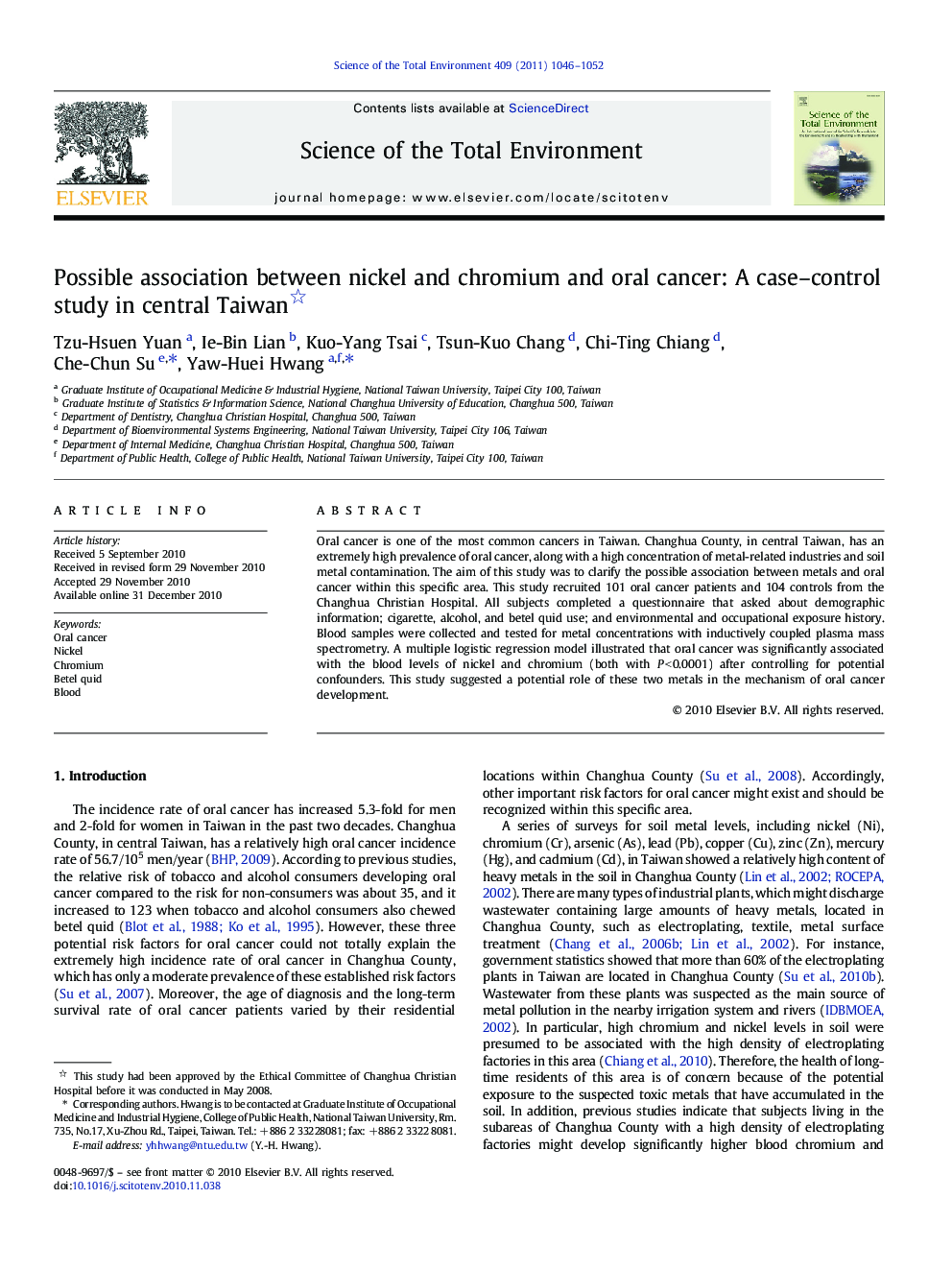 Possible association between nickel and chromium and oral cancer: A case–control study in central Taiwan 