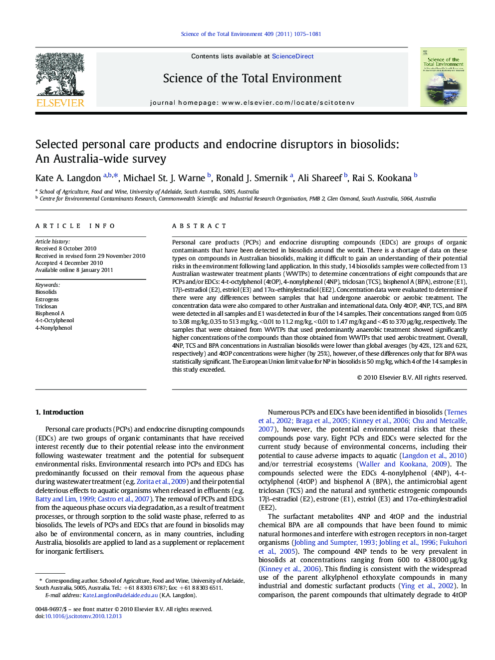 Selected personal care products and endocrine disruptors in biosolids: An Australia-wide survey