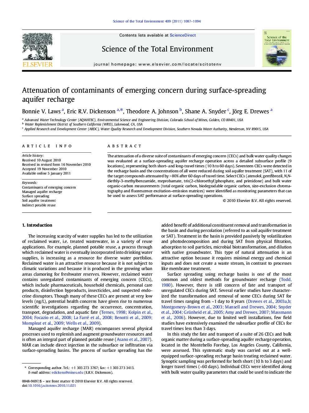 Attenuation of contaminants of emerging concern during surface-spreading aquifer recharge