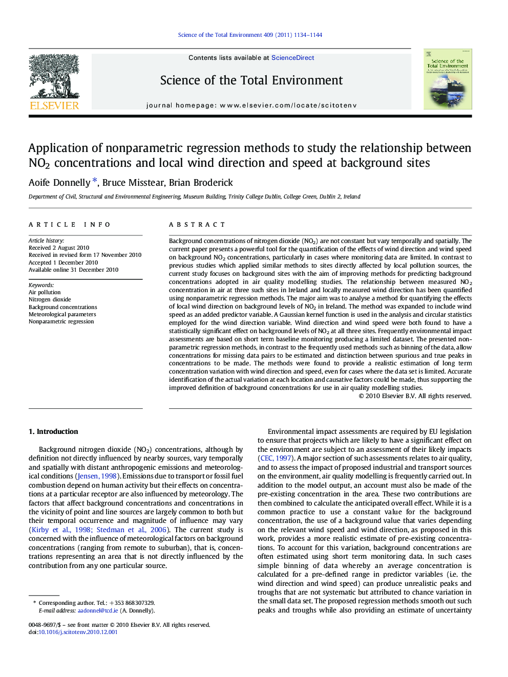 Application of nonparametric regression methods to study the relationship between NO2 concentrations and local wind direction and speed at background sites