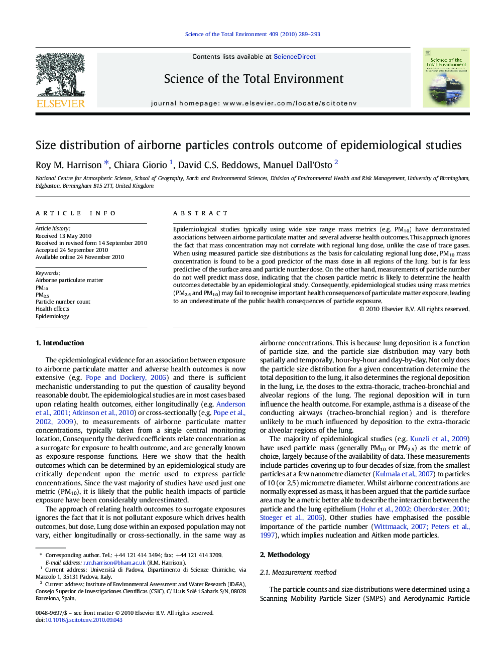 Size distribution of airborne particles controls outcome of epidemiological studies