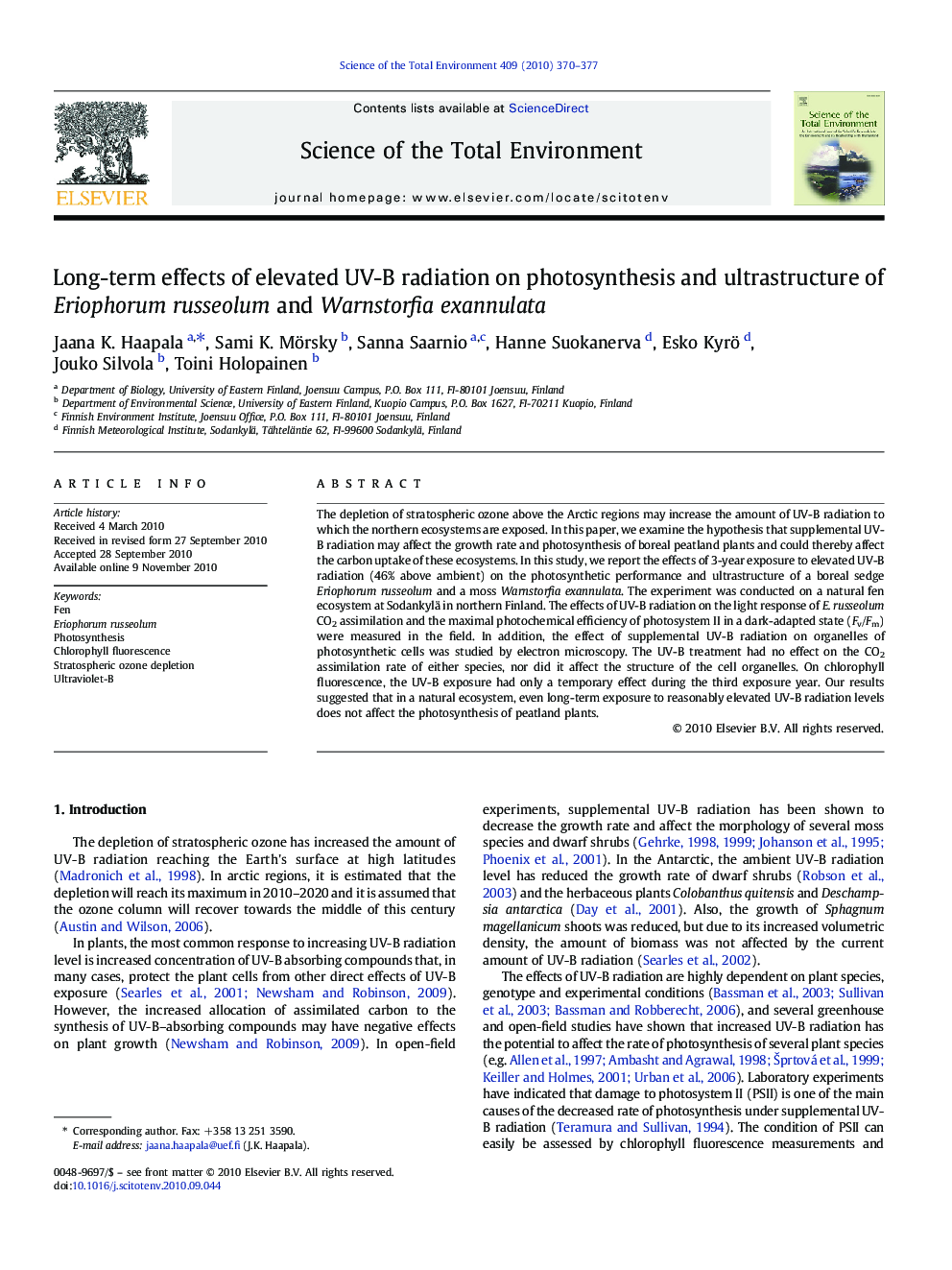 Long-term effects of elevated UV-B radiation on photosynthesis and ultrastructure of Eriophorum russeolum and Warnstorfia exannulata