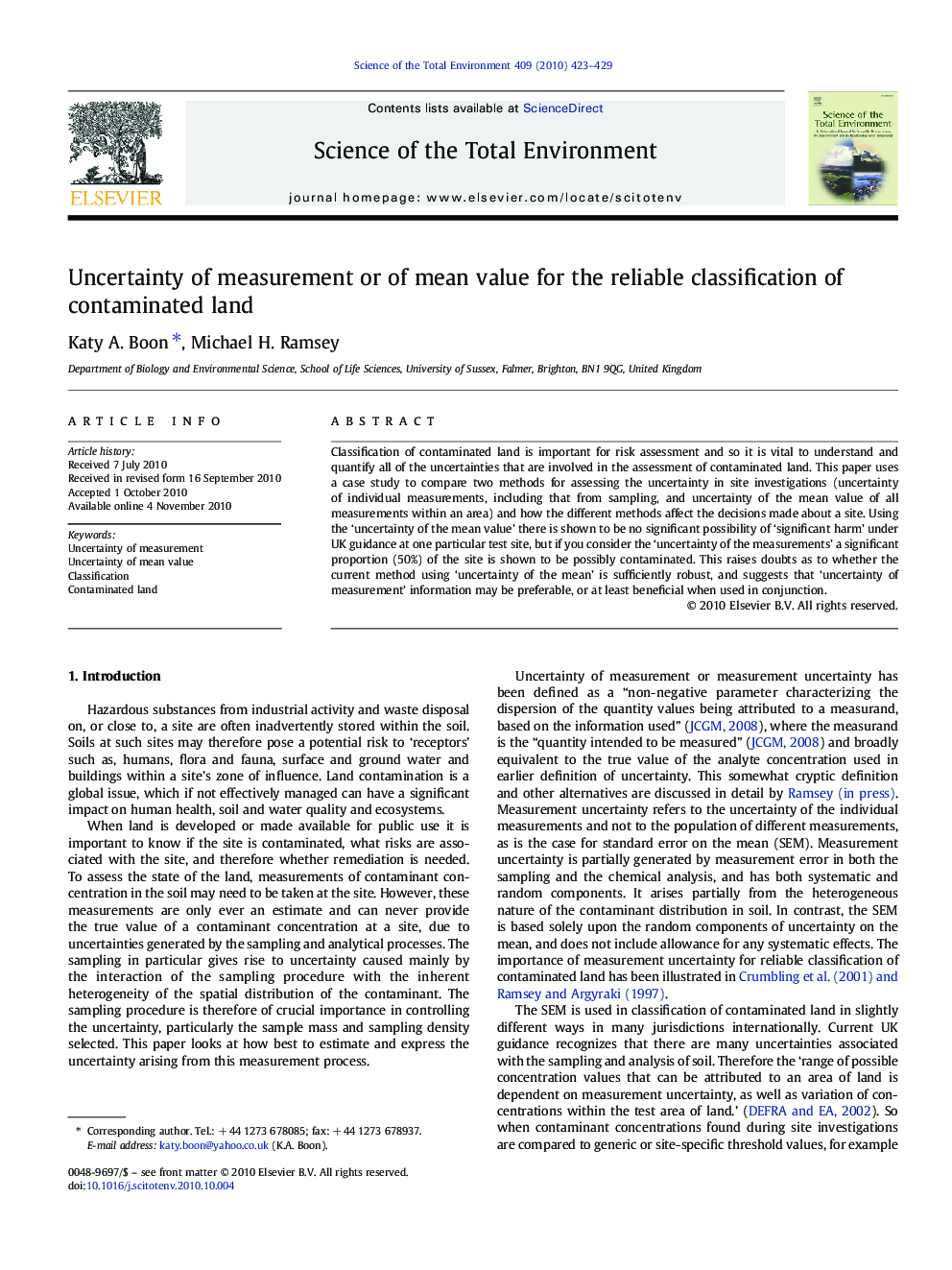 Uncertainty of measurement or of mean value for the reliable classification of contaminated land