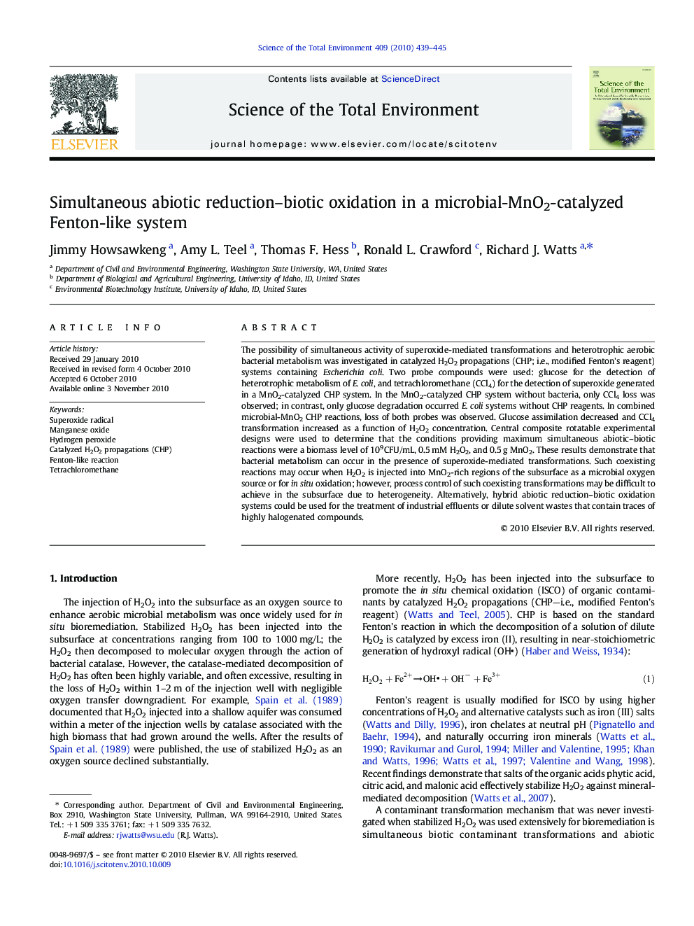 Simultaneous abiotic reduction–biotic oxidation in a microbial-MnO2-catalyzed Fenton-like system