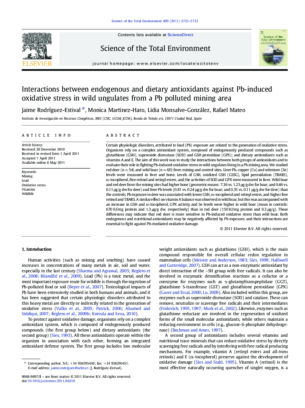 Interactions between endogenous and dietary antioxidants against Pb-induced oxidative stress in wild ungulates from a Pb polluted mining area