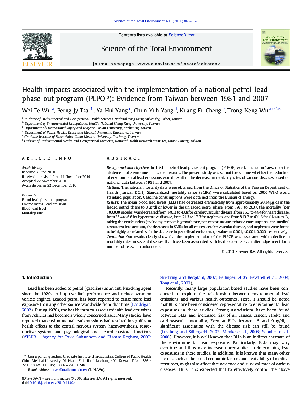 Health impacts associated with the implementation of a national petrol-lead phase-out program (PLPOP): Evidence from Taiwan between 1981 and 2007