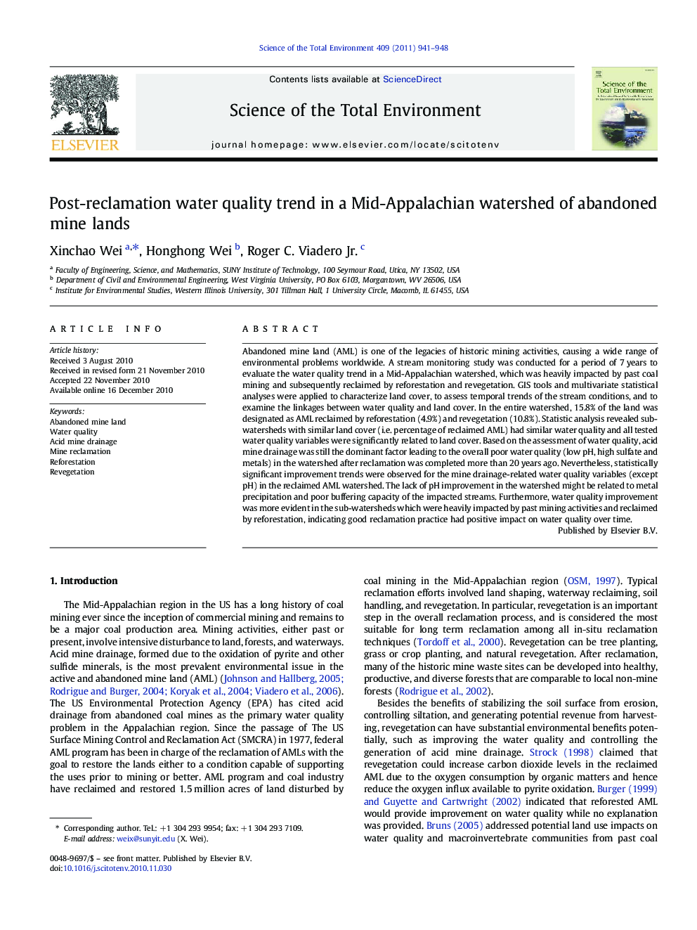 Post-reclamation water quality trend in a Mid-Appalachian watershed of abandoned mine lands