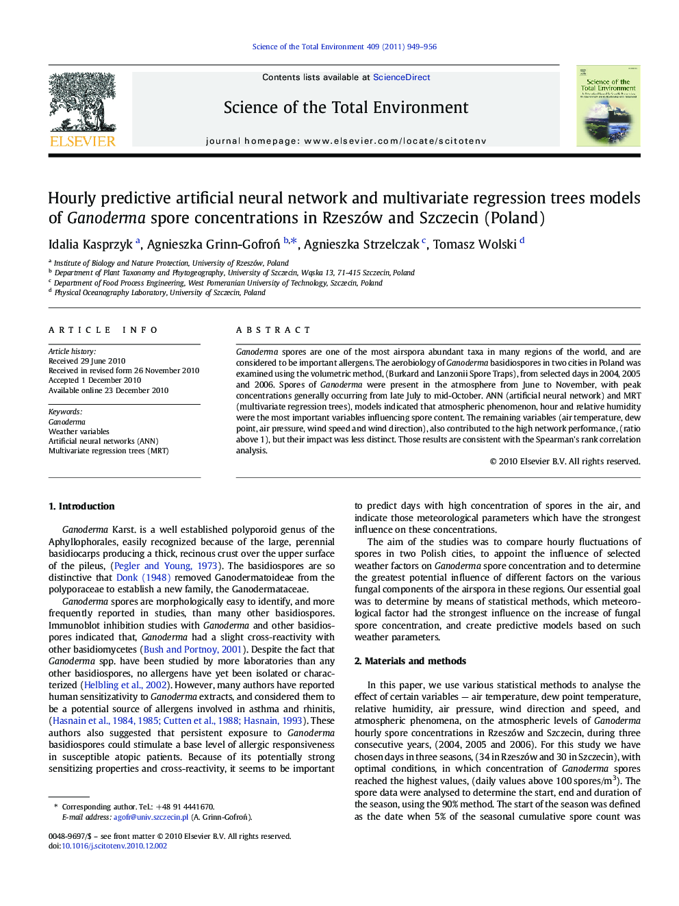 Hourly predictive artificial neural network and multivariate regression trees models of Ganoderma spore concentrations in Rzeszów and Szczecin (Poland)