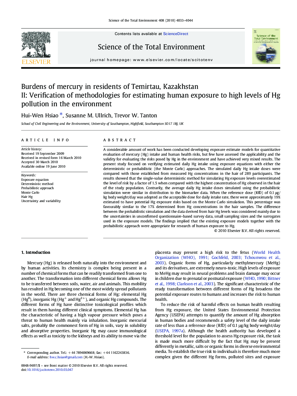 Burdens of mercury in residents of Temirtau, Kazakhstan: II: Verification of methodologies for estimating human exposure to high levels of Hg pollution in the environment