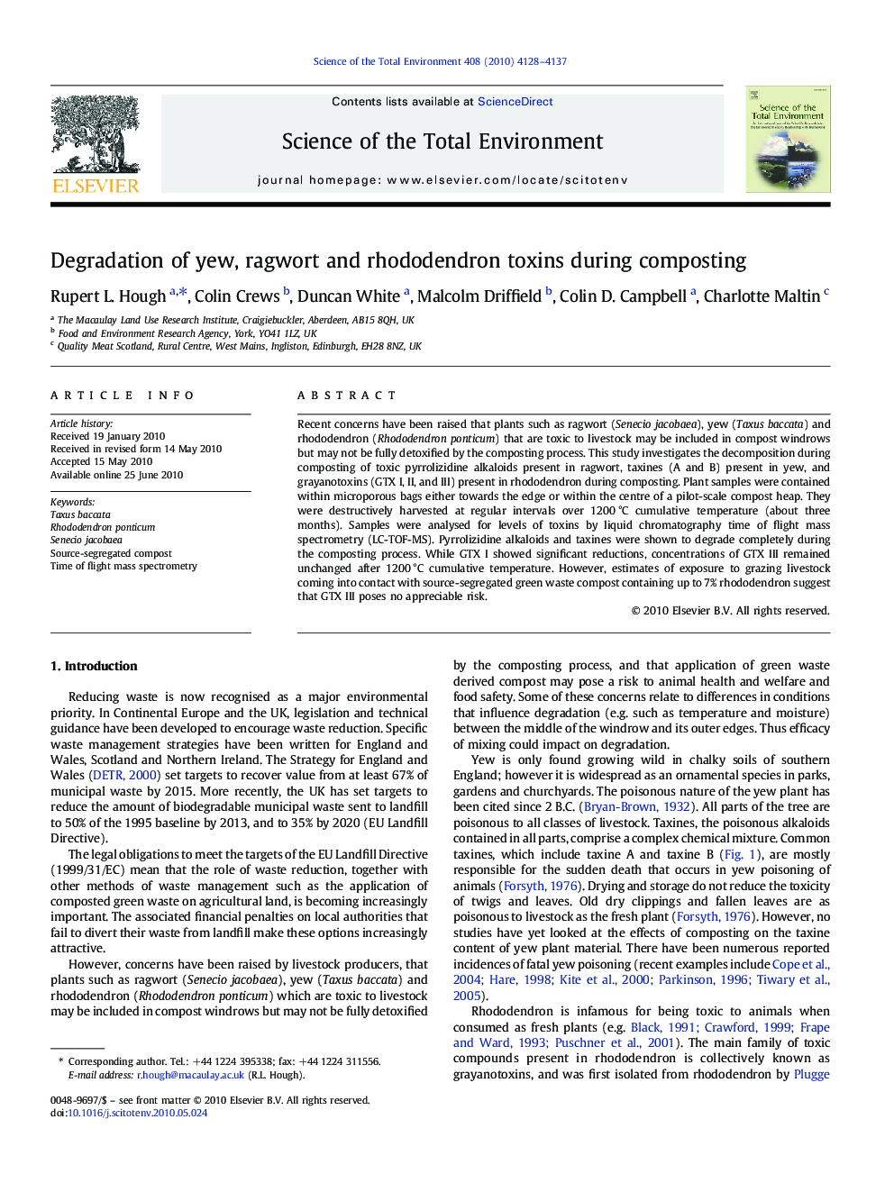 Degradation of yew, ragwort and rhododendron toxins during composting