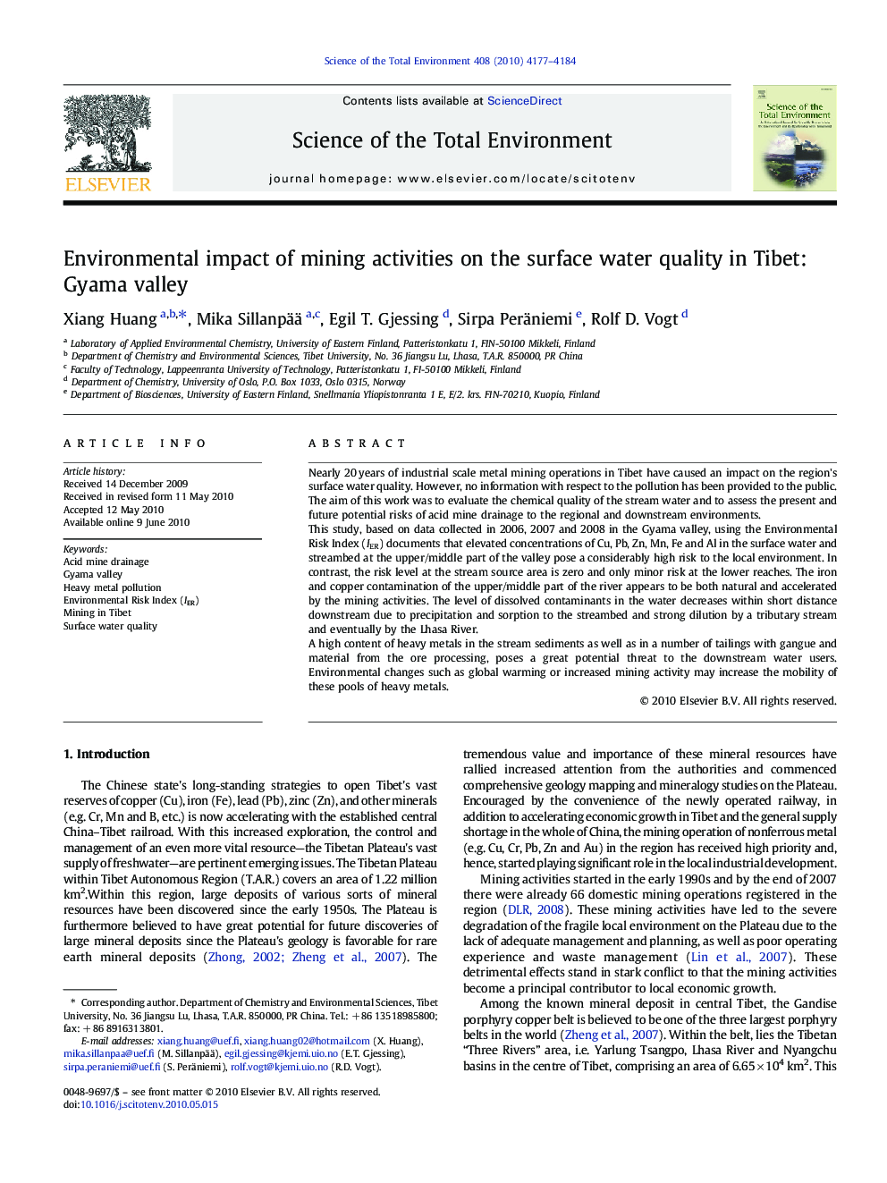 Environmental impact of mining activities on the surface water quality in Tibet: Gyama valley