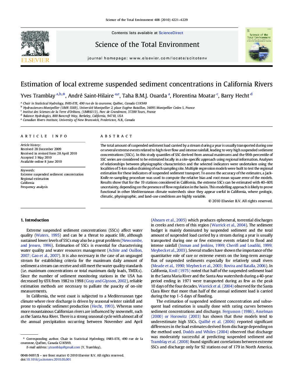 Estimation of local extreme suspended sediment concentrations in California Rivers