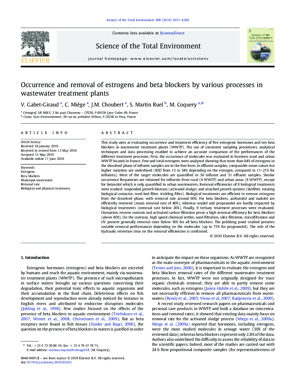 Occurrence and removal of estrogens and beta blockers by various processes in wastewater treatment plants