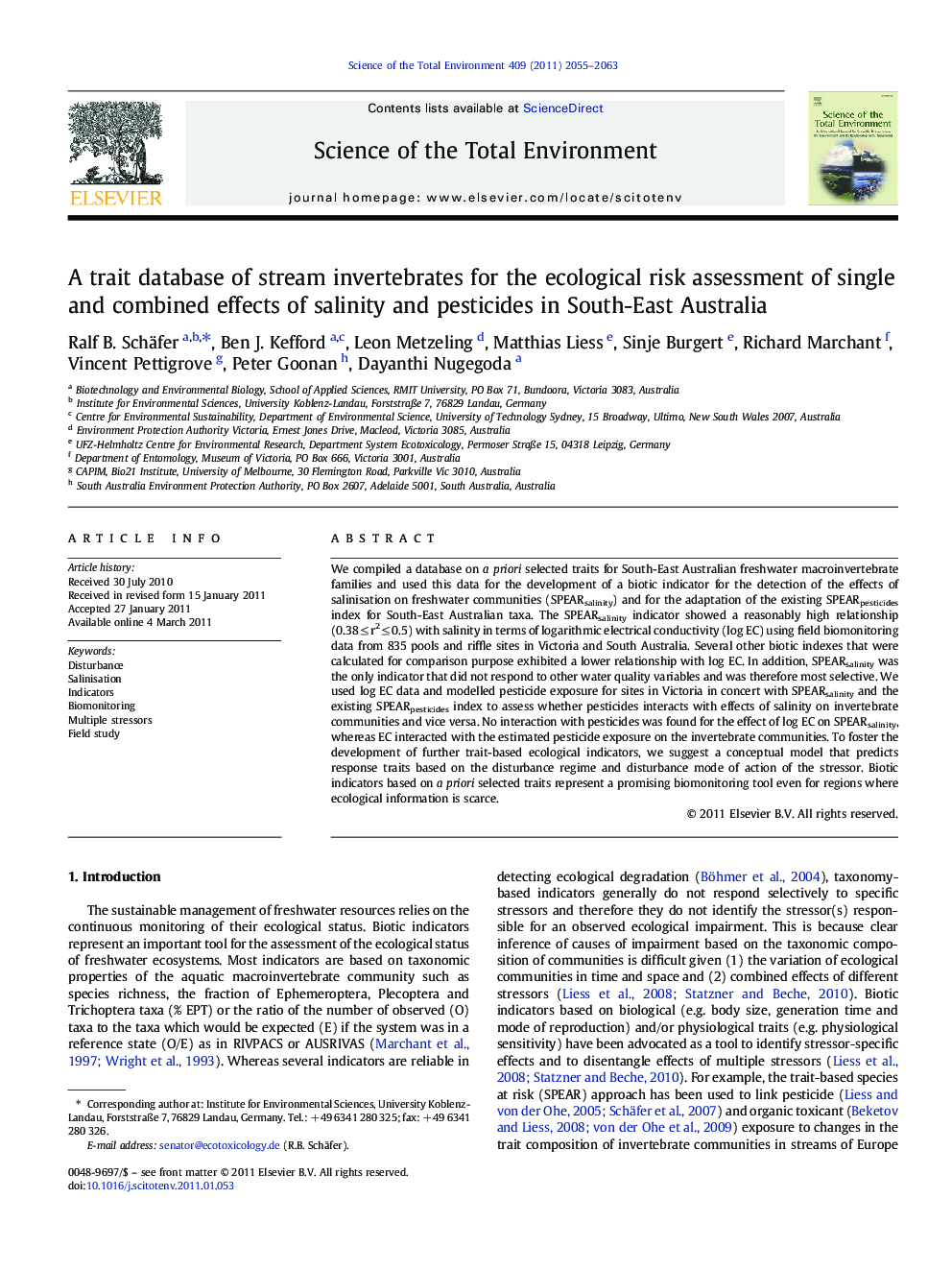 A trait database of stream invertebrates for the ecological risk assessment of single and combined effects of salinity and pesticides in South-East Australia