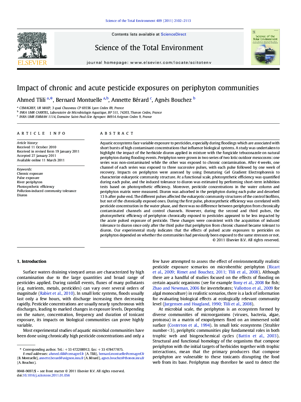 Impact of chronic and acute pesticide exposures on periphyton communities