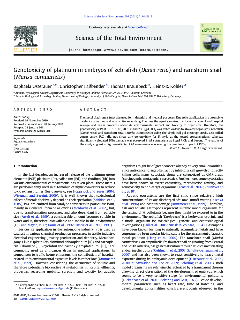 Genotoxicity of platinum in embryos of zebrafish (Danio rerio) and ramshorn snail (Marisa cornuarietis)