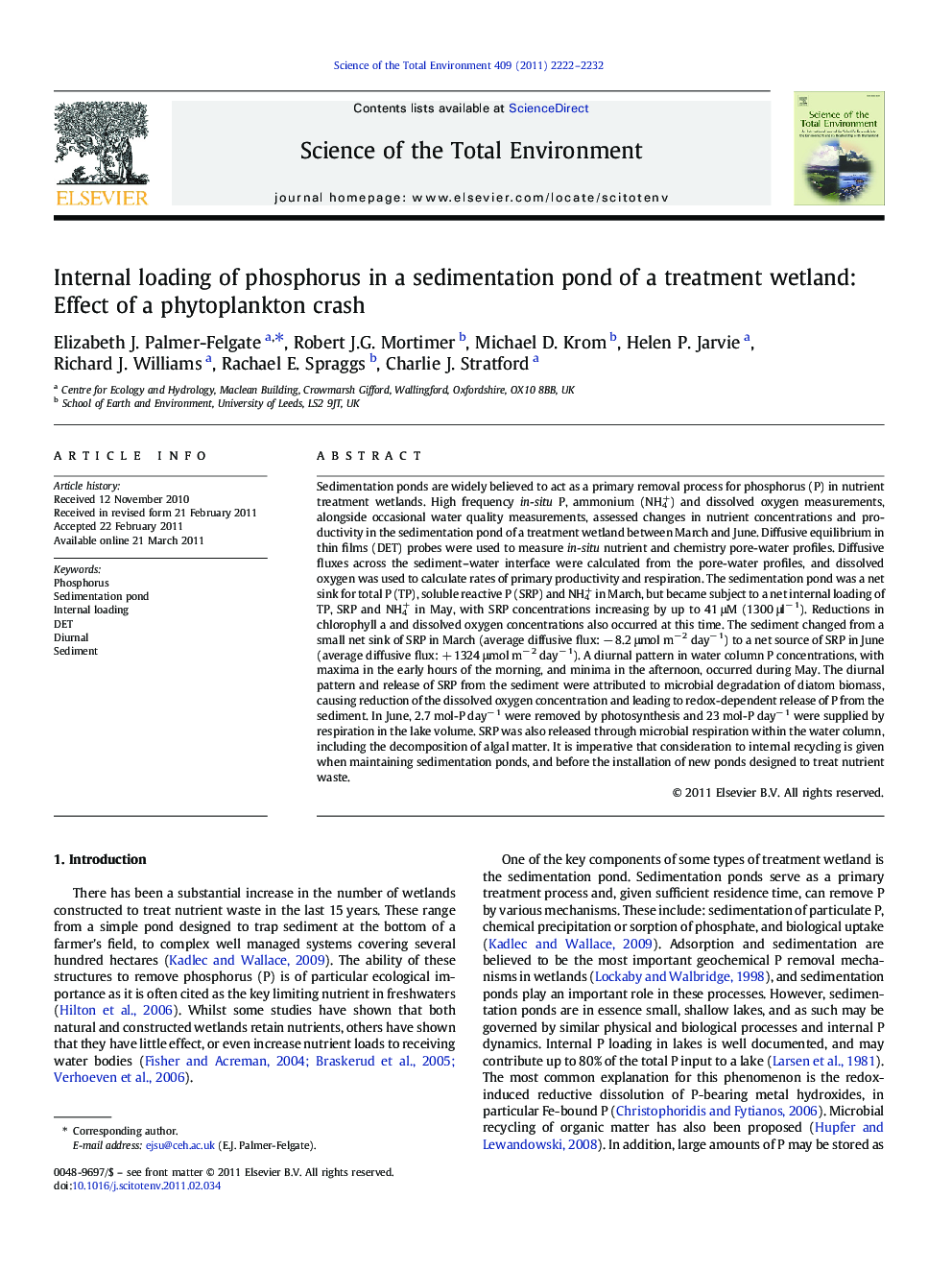 Internal loading of phosphorus in a sedimentation pond of a treatment wetland: Effect of a phytoplankton crash