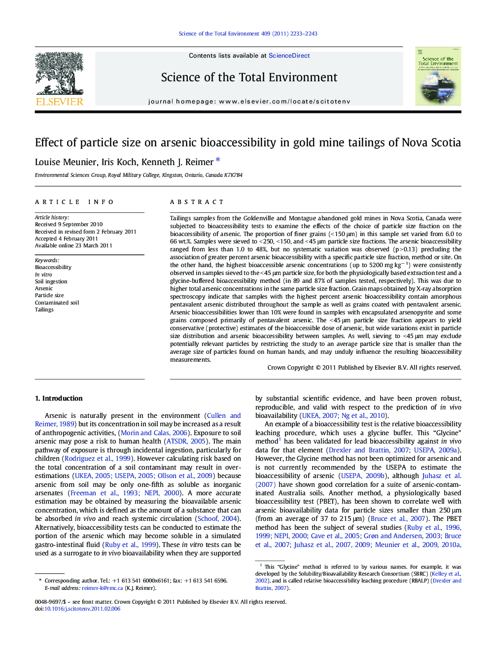 Effect of particle size on arsenic bioaccessibility in gold mine tailings of Nova Scotia