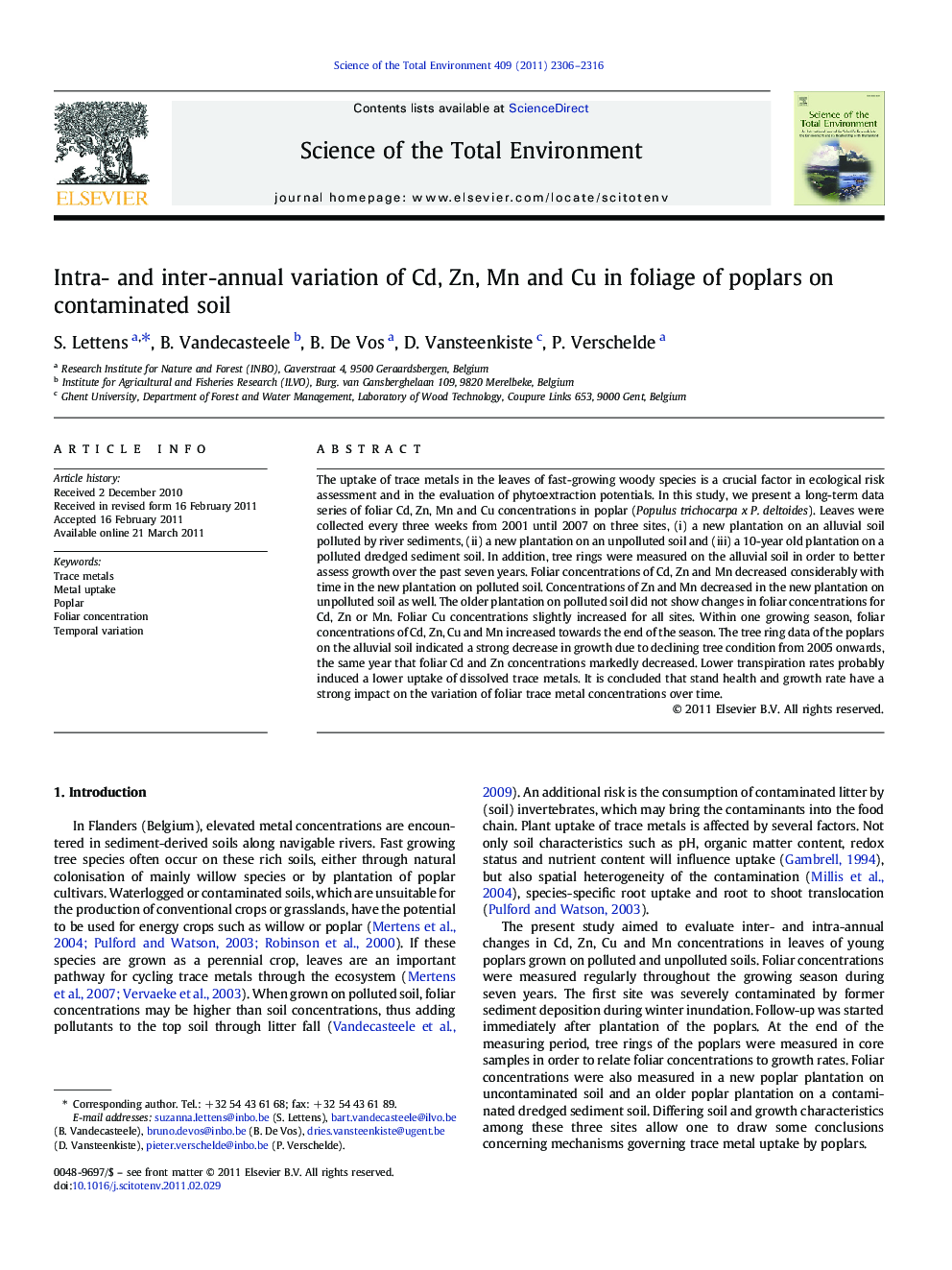 Intra- and inter-annual variation of Cd, Zn, Mn and Cu in foliage of poplars on contaminated soil