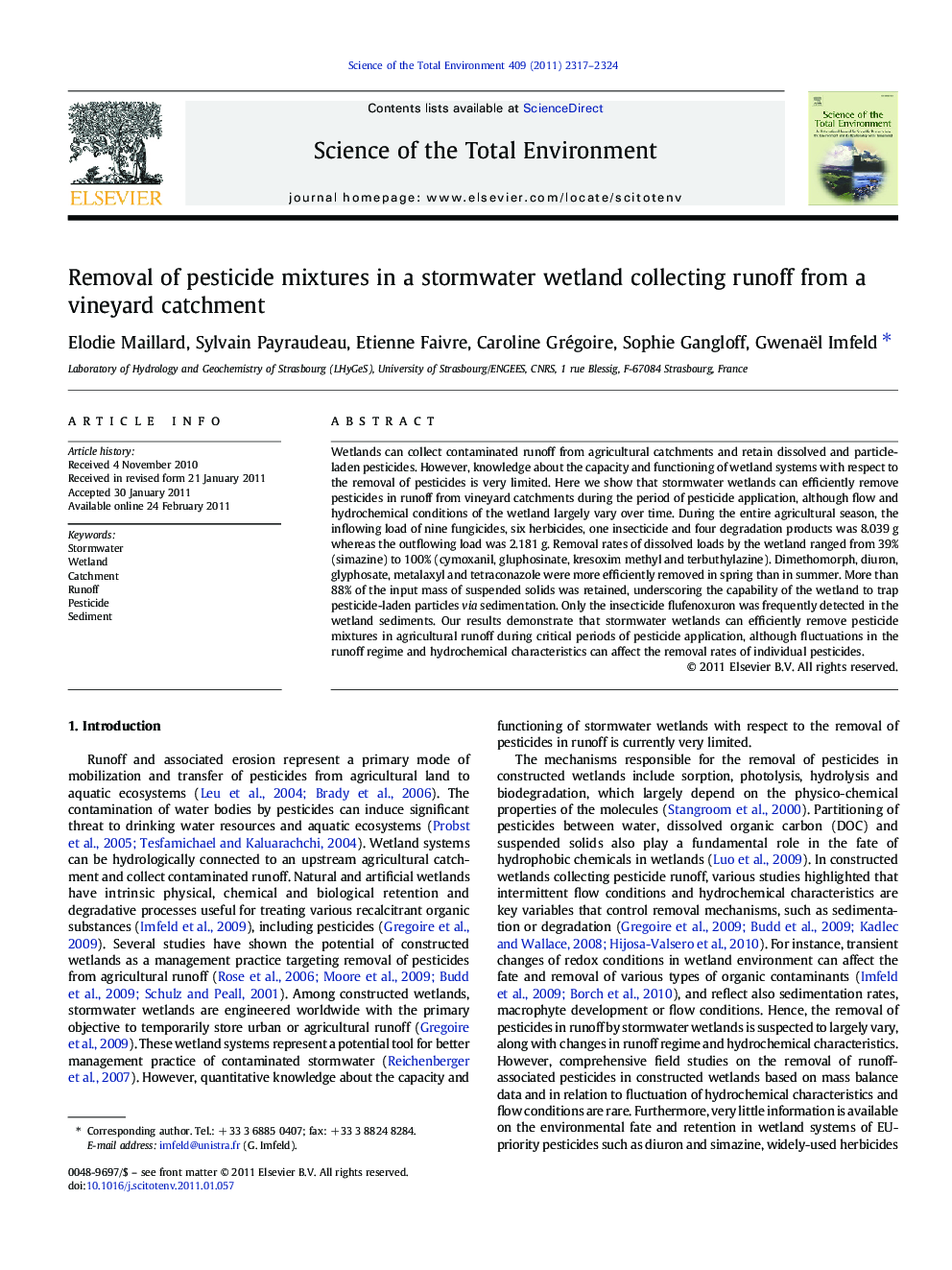 Removal of pesticide mixtures in a stormwater wetland collecting runoff from a vineyard catchment