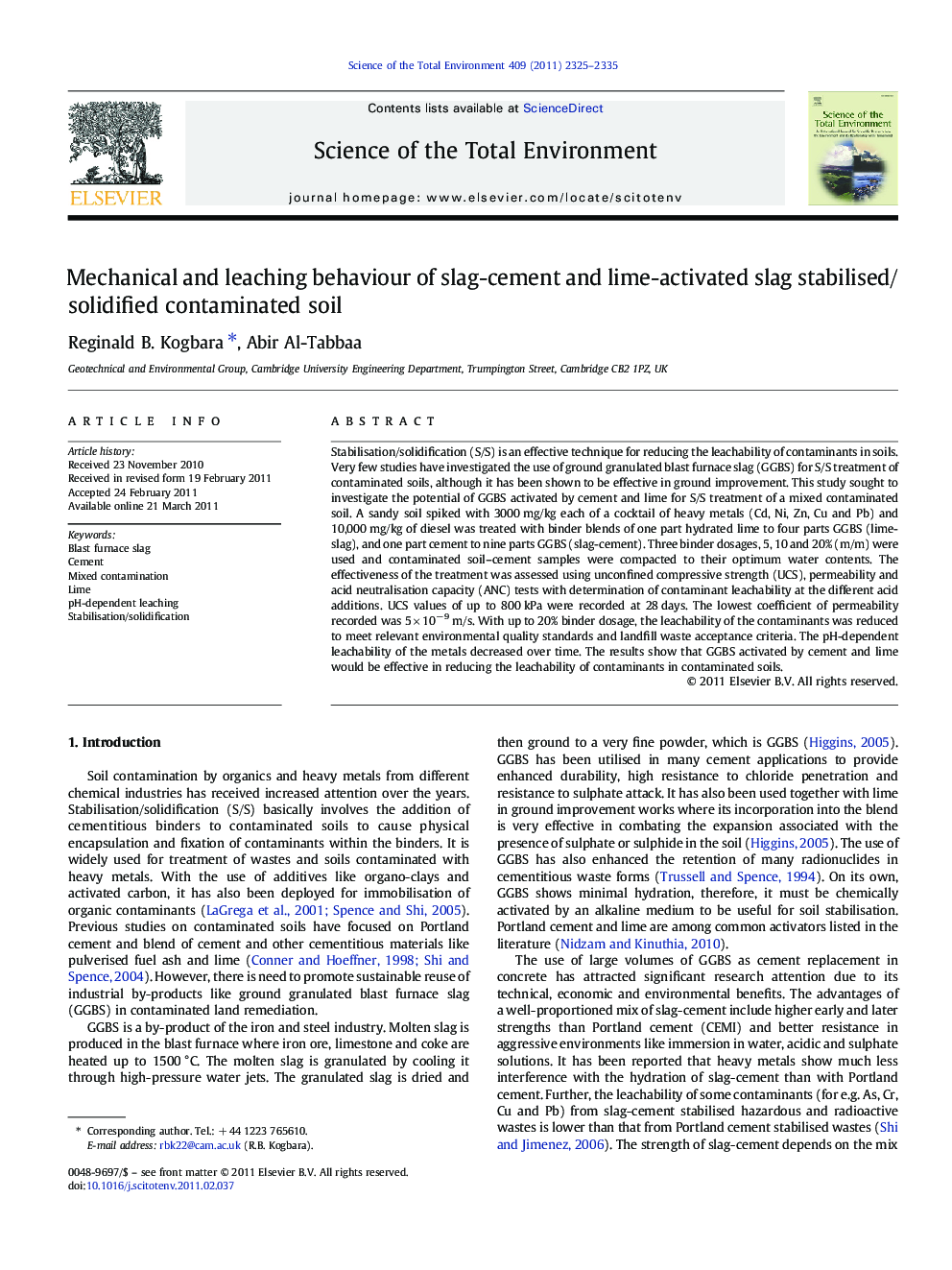 Mechanical and leaching behaviour of slag-cement and lime-activated slag stabilised/solidified contaminated soil