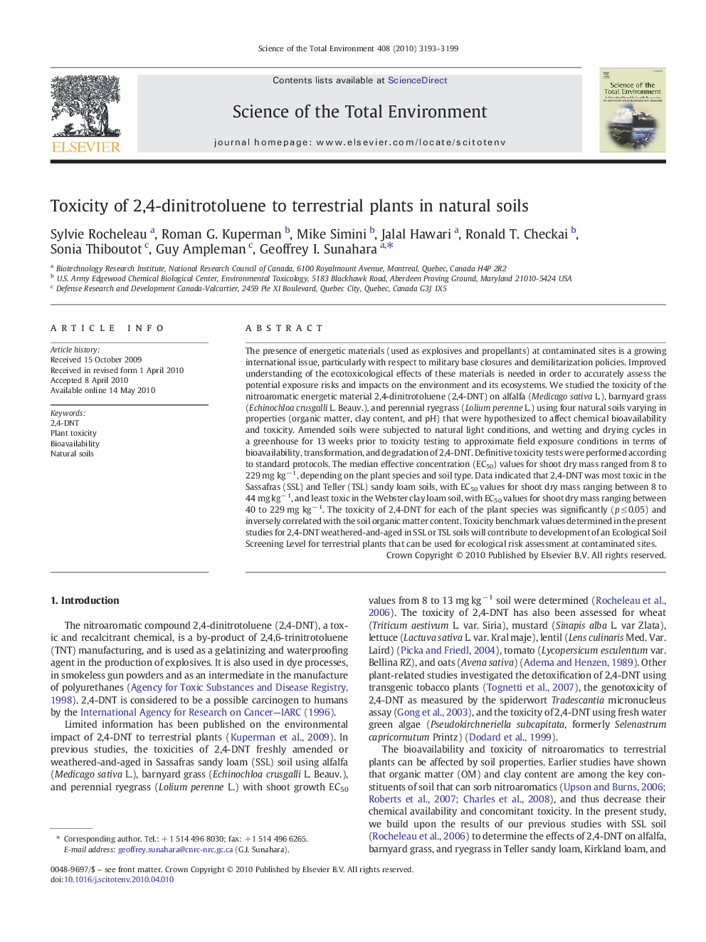 Toxicity of 2,4-dinitrotoluene to terrestrial plants in natural soils