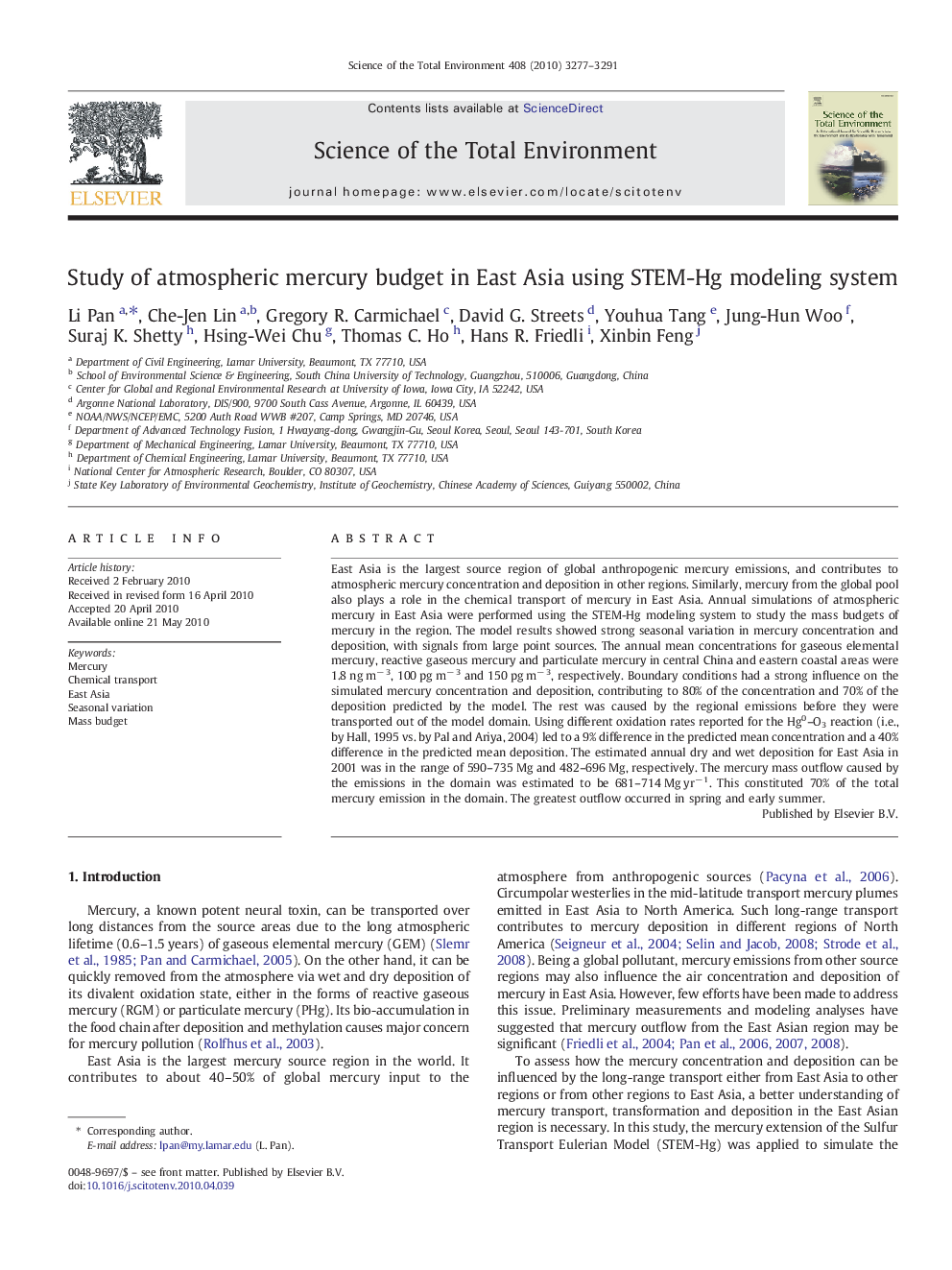 Study of atmospheric mercury budget in East Asia using STEM-Hg modeling system