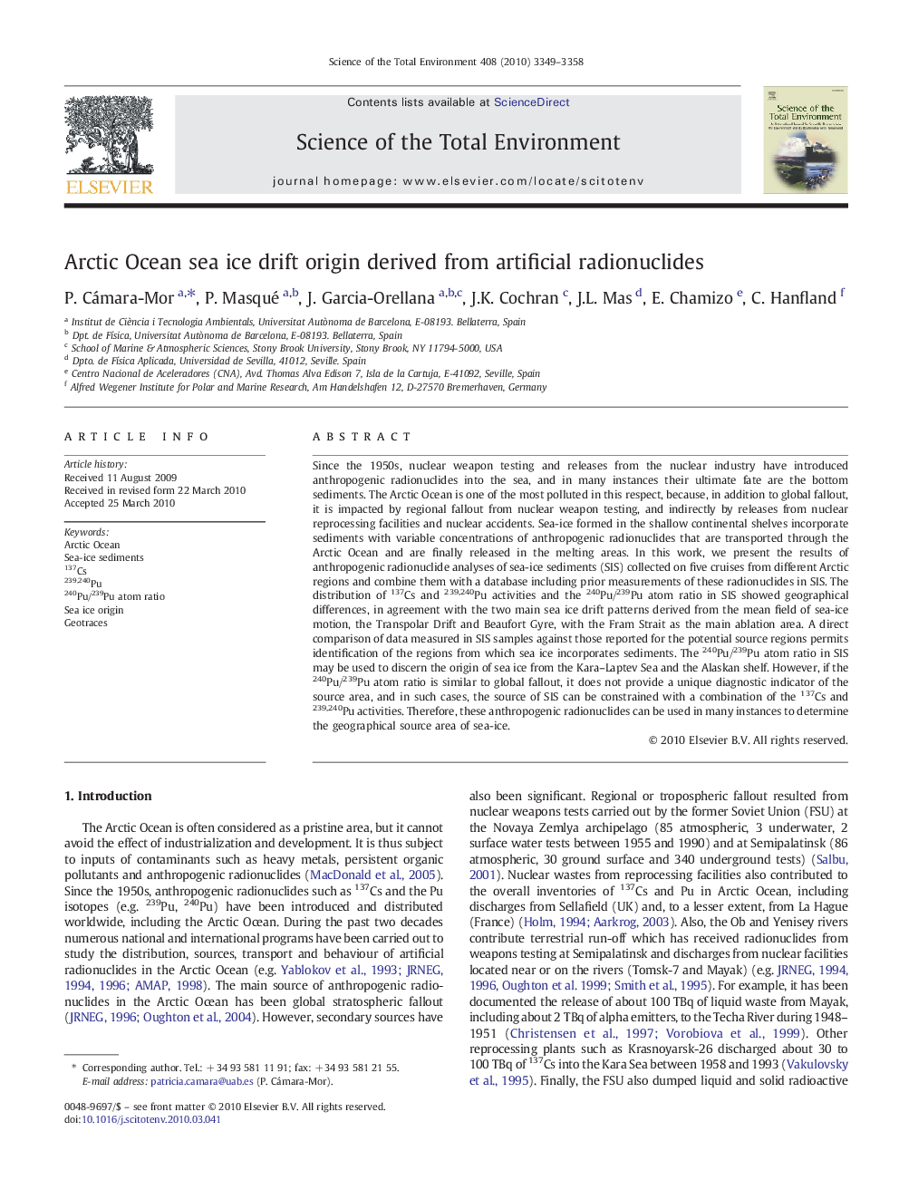 Arctic Ocean sea ice drift origin derived from artificial radionuclides