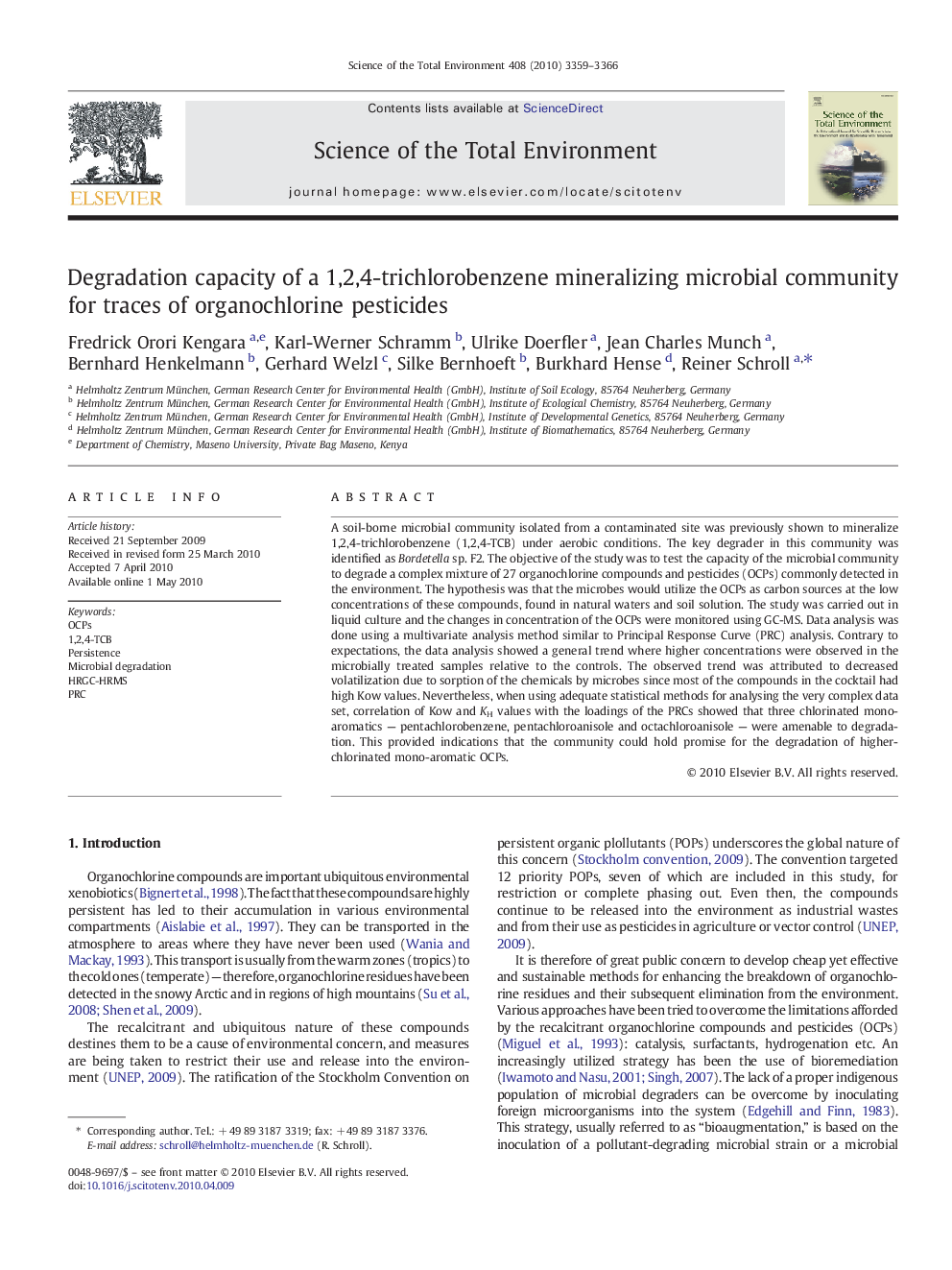 Degradation capacity of a 1,2,4-trichlorobenzene mineralizing microbial community for traces of organochlorine pesticides