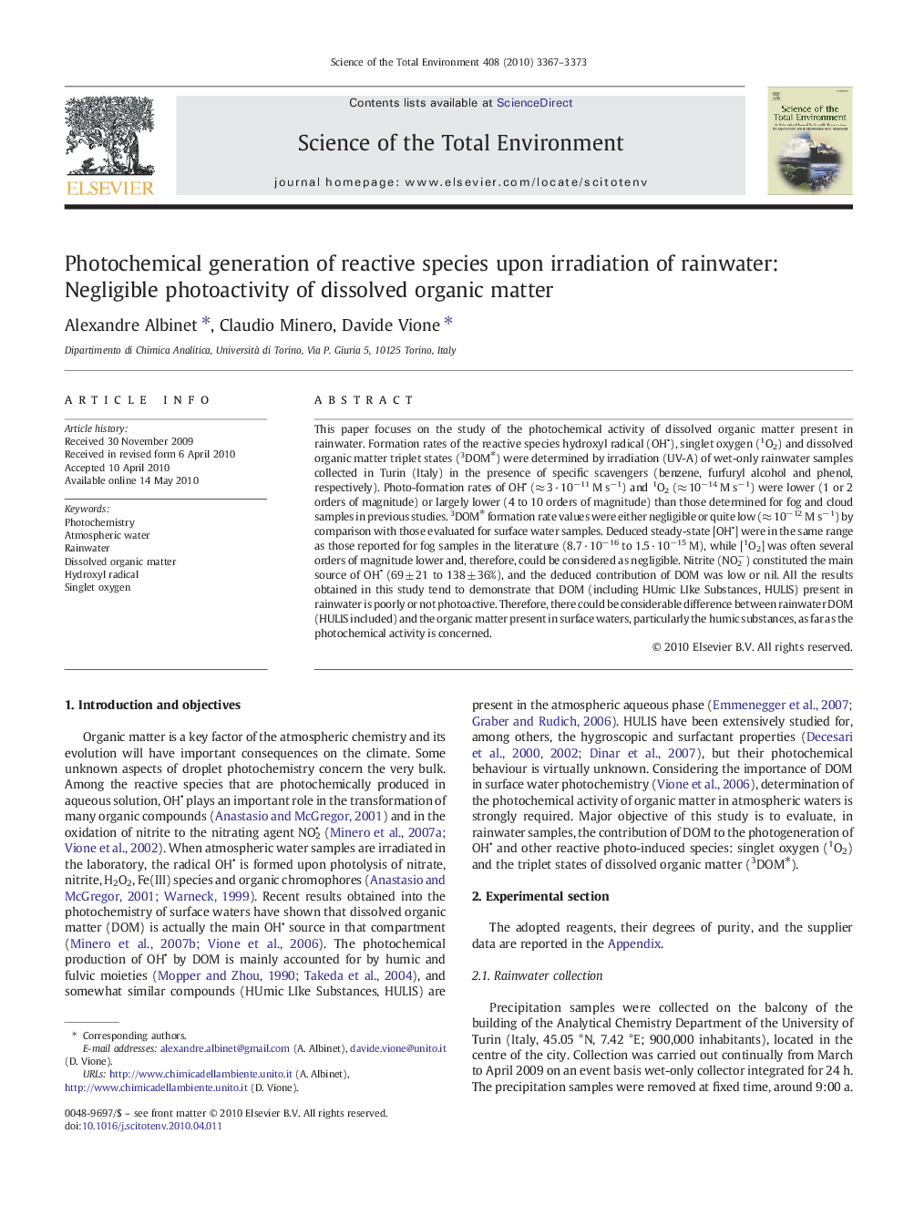 Photochemical generation of reactive species upon irradiation of rainwater: Negligible photoactivity of dissolved organic matter