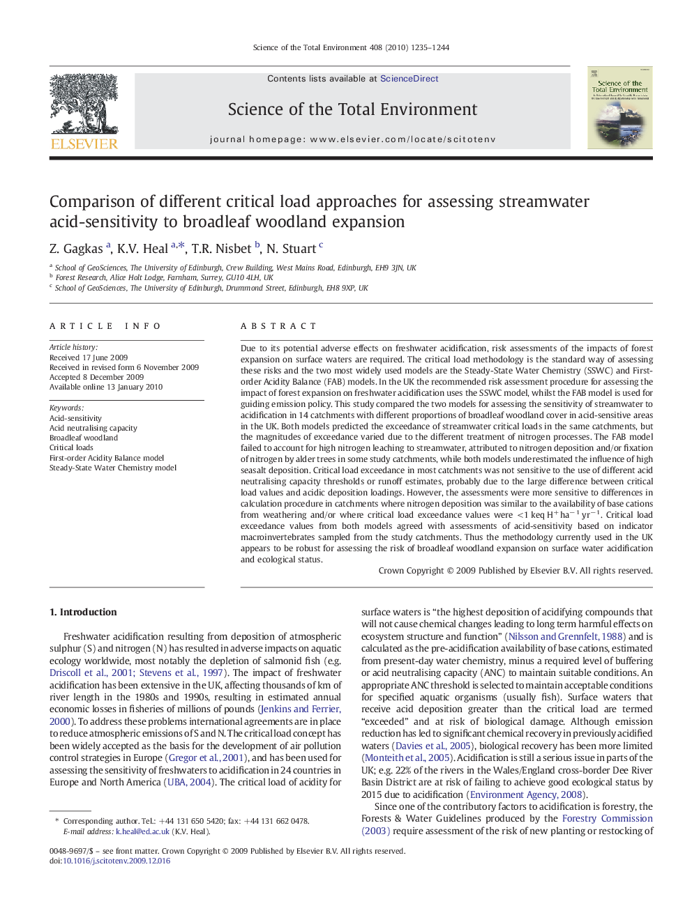 Comparison of different critical load approaches for assessing streamwater acid-sensitivity to broadleaf woodland expansion